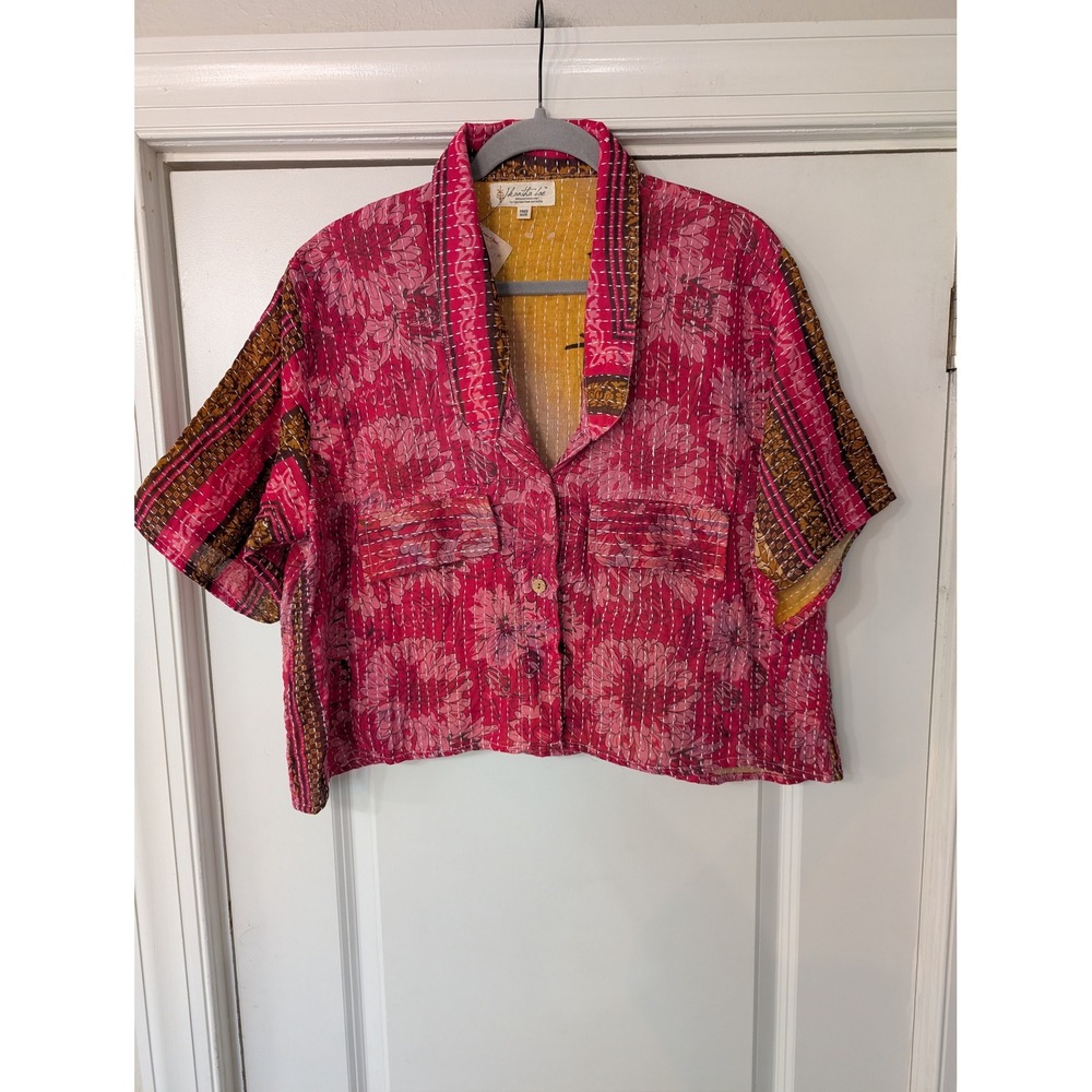 Kantha Bae Womens Pink Floral Vintage Kantha Quilt Cropped Jacket Free Size NEW